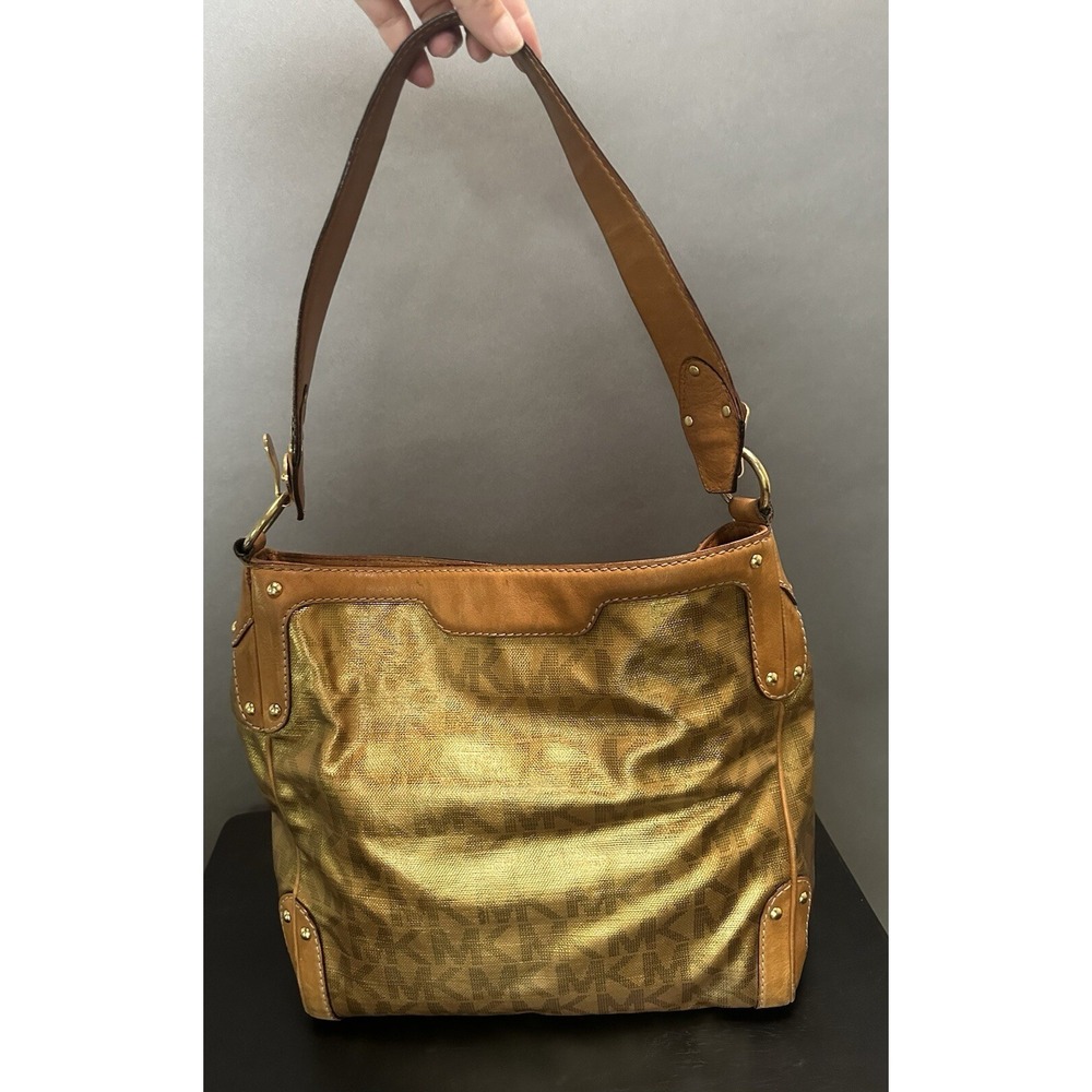 Y2K Michael Kors Gold MK signature logo hobo shoulder bag purse studs Rare - Picture 2 of 16